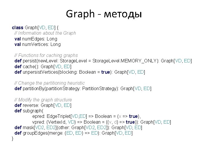 Graph - методы class Graph[VD, ED] { // Information about the Graph val num.