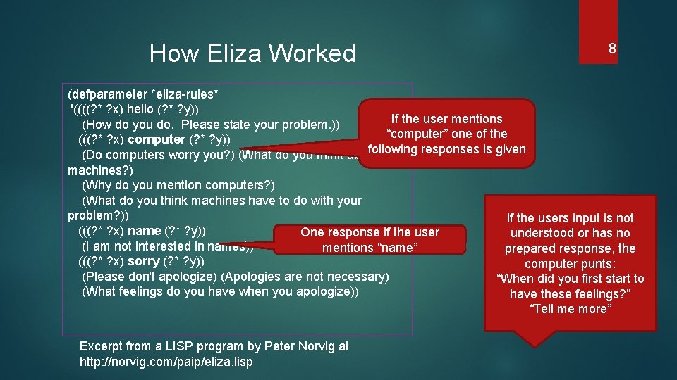 How Eliza Worked 8 (defparameter *eliza-rules* '((((? * ? x) hello (? * ?