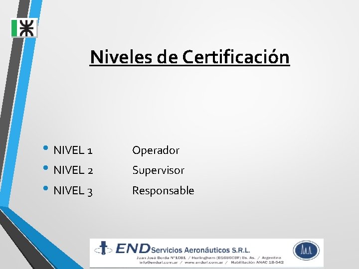 Niveles de Certificación • NIVEL 1 • NIVEL 2 • NIVEL 3 Operador Supervisor