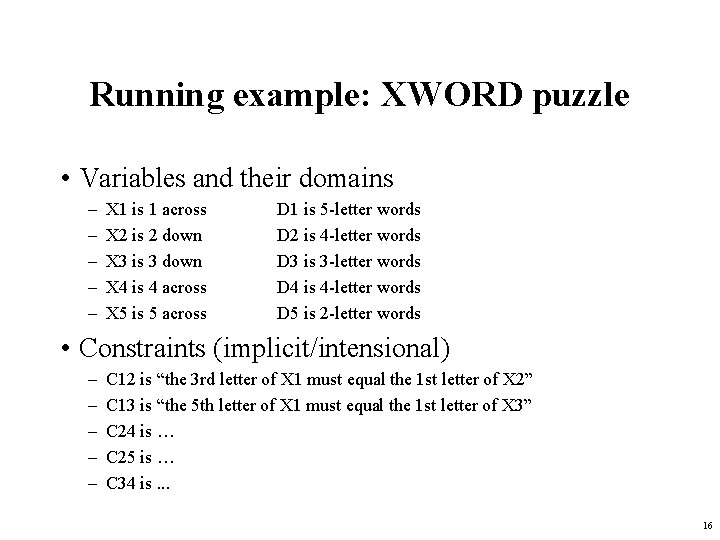 Running example: XWORD puzzle • Variables and their domains – – – X 1