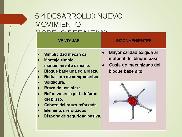 5. 4 DESARROLLO NUEVO MOVIMIENTO MODELO DEFINITIVO VENTAJAS Simplicidad mecánica. Montaje simple, mantenimiento sencillo.