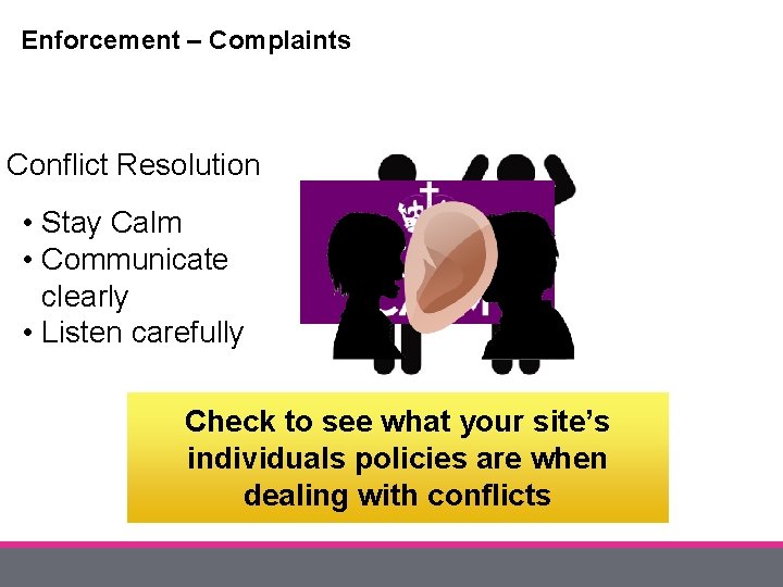 Enforcement – Complaints Conflict Resolution • Stay Calm • Communicate clearly • Listen carefully