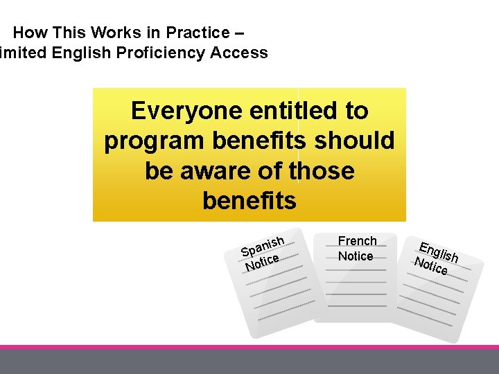 How This Works in Practice – imited English Proficiency Access Everyone entitled to program