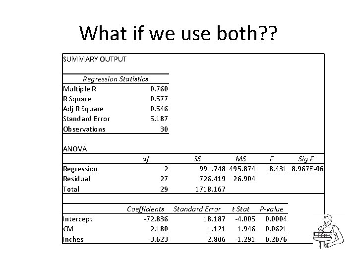 What if we use both? ? SUMMARY OUTPUT Regression Statistics Multiple R 0. 760 What if we use both? ? SUMMARY OUTPUT Regression Statistics Multiple R 0. 760