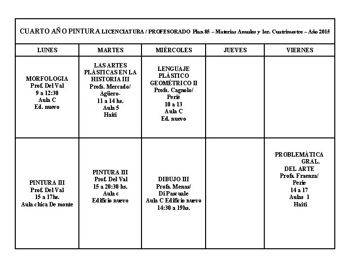 CUARTO AÑO PINTURA LICENCIATURA / PROFESORADO LUNES MARTES MORFOLOGIA Prof. Del Val 9 a