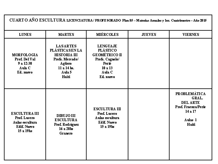 CUARTO AÑO ESCULTURA LICENCIATURA / PROFESORADO LUNES MORFOLOGIA Prof. Del Val 9 a 12: