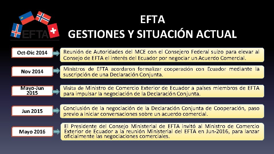 EFTA GESTIONES Y SITUACIÓN ACTUAL Oct-Dic 2014 Reunión de Autoridades del MCE con el