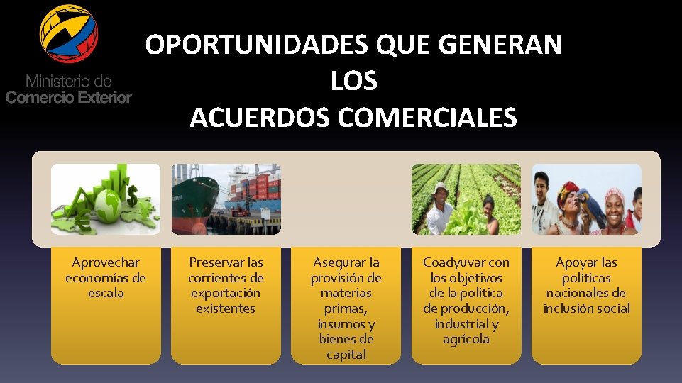 OPORTUNIDADES QUE GENERAN LOS ACUERDOS COMERCIALES Aprovechar economías de escala Preservar las corrientes de