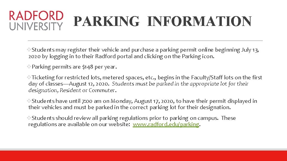 PARKING INFORMATION v. Students may register their vehicle and purchase a parking permit online