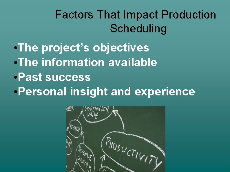 Factors That Impact Production Scheduling • The project’s objectives • The information available •