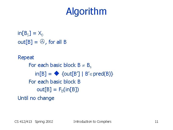 Algorithm in[BS] = X 0 out[B] = , for all B Repeat For each