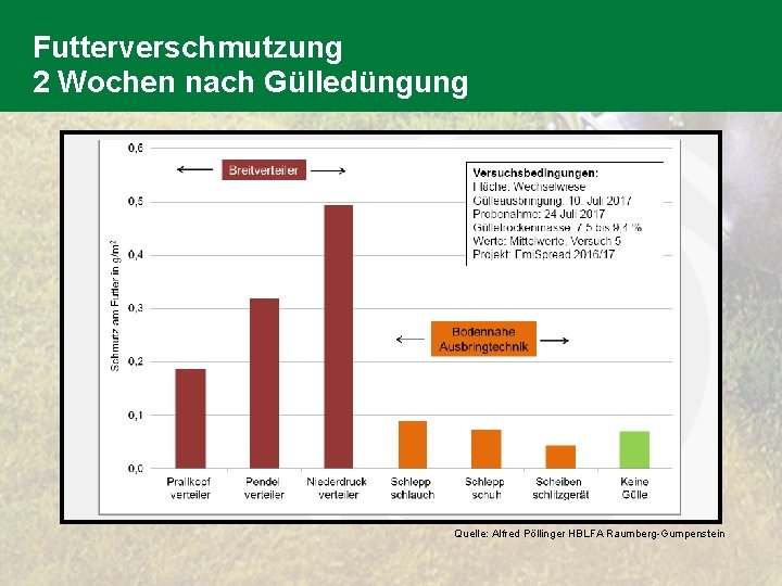 Futterverschmutzung 2 Wochen nach Gülledüngung Quelle: Alfred Pöllinger HBLFA Raumberg-Gumpenstein 