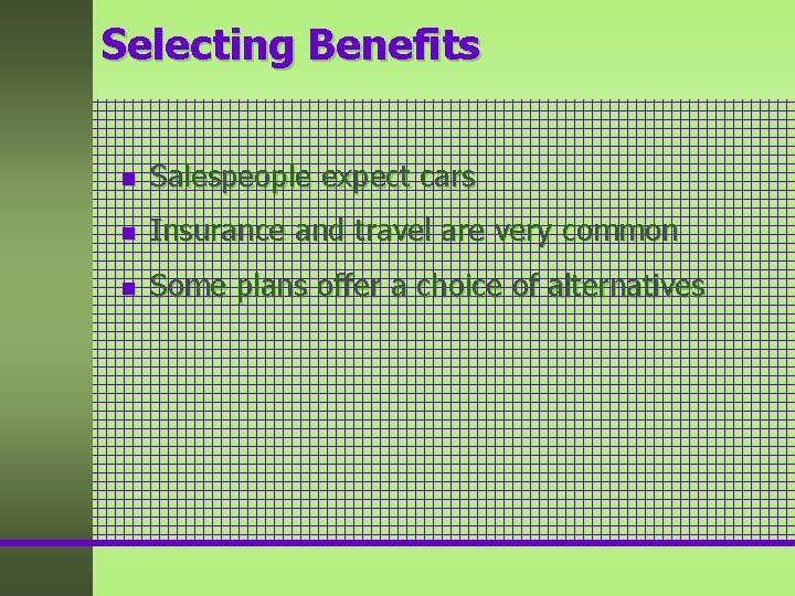 Selecting Benefits n Salespeople expect cars n Insurance and travel are very common n