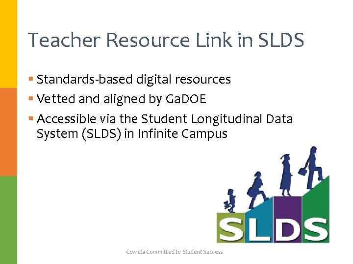 Teacher Resource Link in SLDS § Standards-based digital resources § Vetted and aligned by