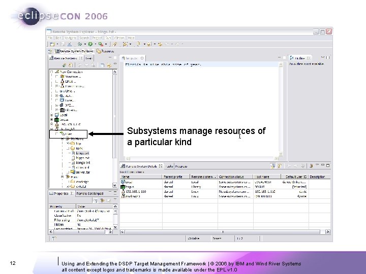 Subsystems manage resources of a particular kind 12 Using and Extending the DSDP Target Subsystems manage resources of a particular kind 12 Using and Extending the DSDP Target