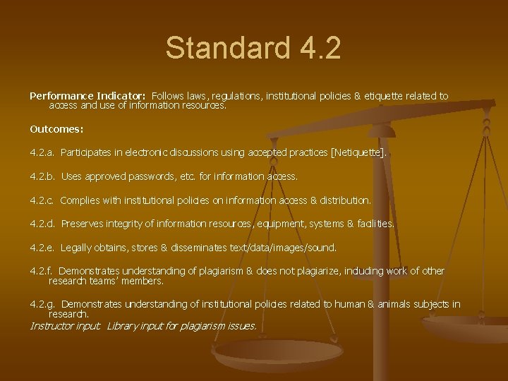 Standard 4. 2 Performance Indicator: Follows laws, regulations, institutional policies & etiquette related to