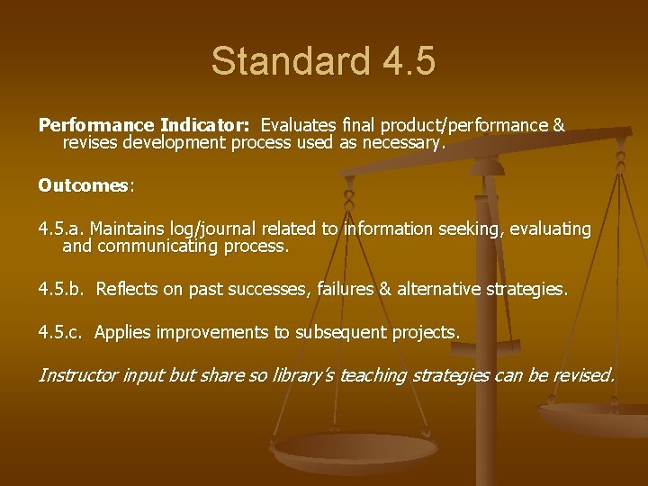 Standard 4. 5 Performance Indicator: Evaluates final product/performance & revises development process used as