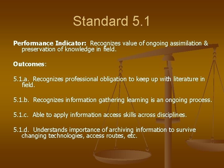 Standard 5. 1 Performance Indicator: Recognizes value of ongoing assimilation & preservation of knowledge