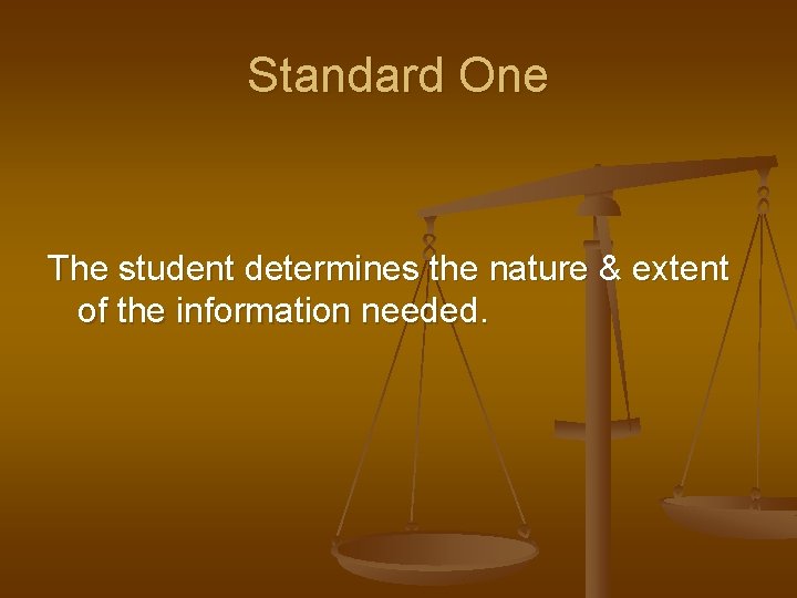 Standard One The student determines the nature & extent of the information needed. 