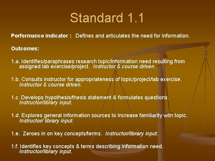 Standard 1. 1 Performance indicator : Defines and articulates the need for information. Outcomes: