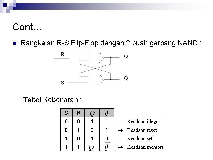 Cont… n Rangkaian R-S Flip-Flop dengan 2 buah gerbang NAND : Tabel Kebenaran :