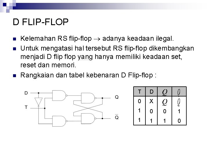 D FLIP-FLOP n n n Kelemahan RS flip-flop adanya keadaan ilegal. Untuk mengatasi hal