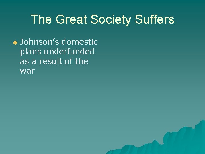 The Great Society Suffers u Johnson’s domestic plans underfunded as a result of the