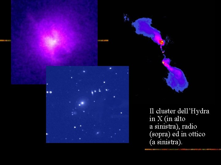 Il cluster dell’Hydra in X (in alto a sinistra), radio (sopra) ed in ottico