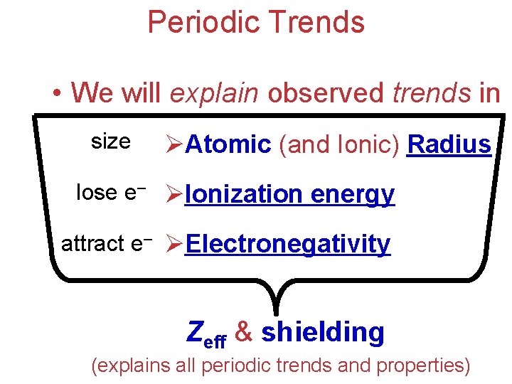 Periodic Trends • We will explain observed trends in size ØAtomic (and Ionic) Radius