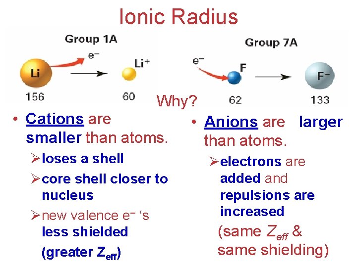 Ionic Radius Why? • Cations are • Anions are larger smaller than atoms. Øloses