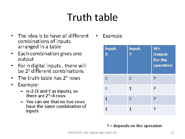 Truth table • The idea is to have all different combinations of inputs arranged