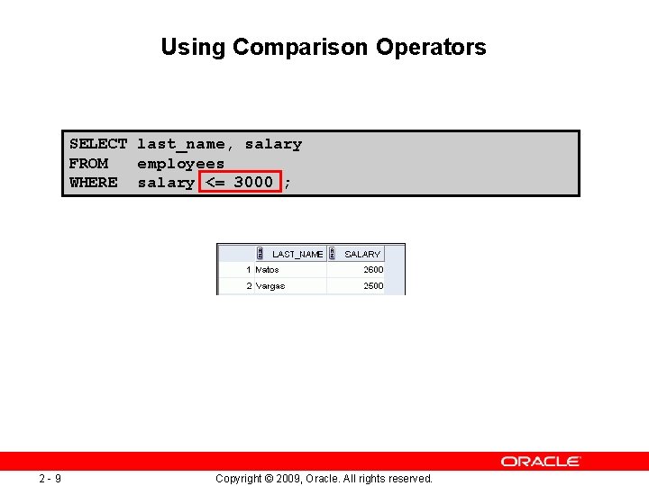 Using Comparison Operators SELECT last_name, salary FROM employees WHERE salary <= 3000 ; 2