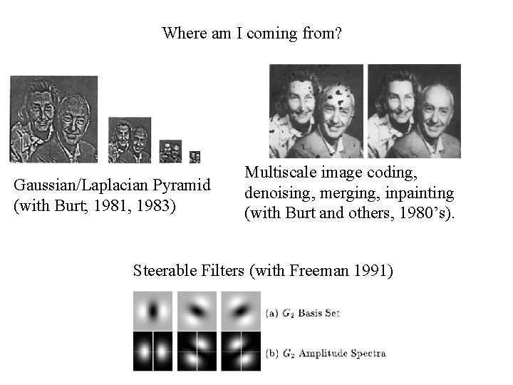 Where am I coming from? Gaussian/Laplacian Pyramid (with Burt; 1981, 1983) Multiscale image coding,