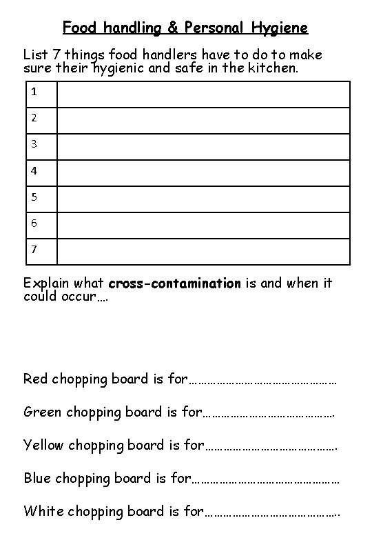 Food handling & Personal Hygiene List 7 things food handlers have to do to