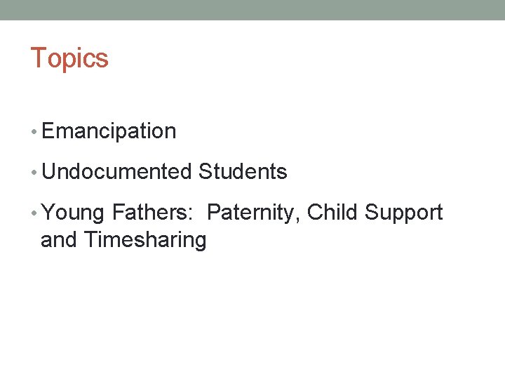 Topics • Emancipation • Undocumented Students • Young Fathers: Paternity, Child Support and Timesharing