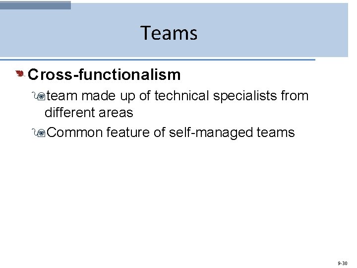 Teams Cross-functionalism 9 team made up of technical specialists from different areas 9 Common