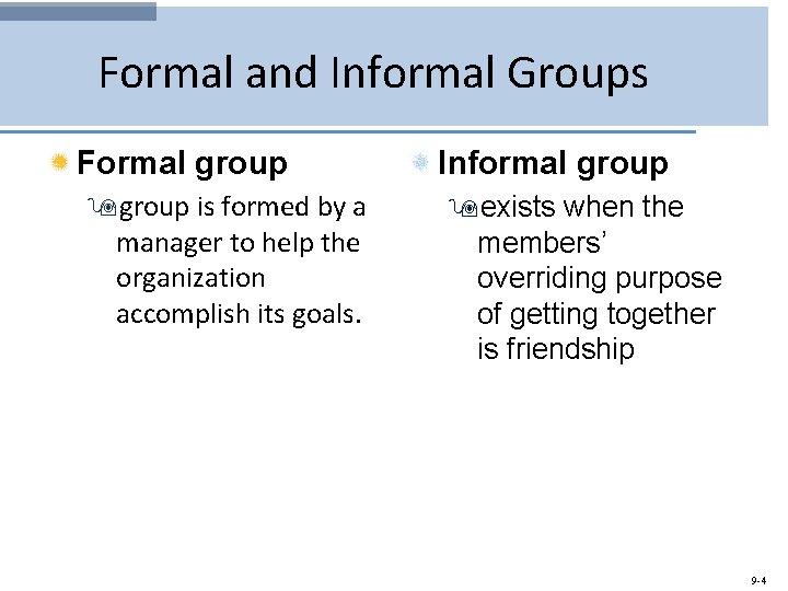 Formal and Informal Groups Formal group 9 group is formed by a manager to