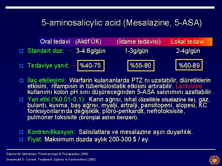 5 -aminosalicylic acid (Mesalazine, 5 -ASA) Oral tedavi (Aktif ÜK) o Standart doz: 3