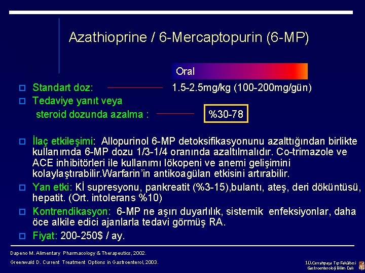 Azathioprine / 6 -Mercaptopurin (6 -MP) Oral o Standart doz: 1. 5 -2. 5