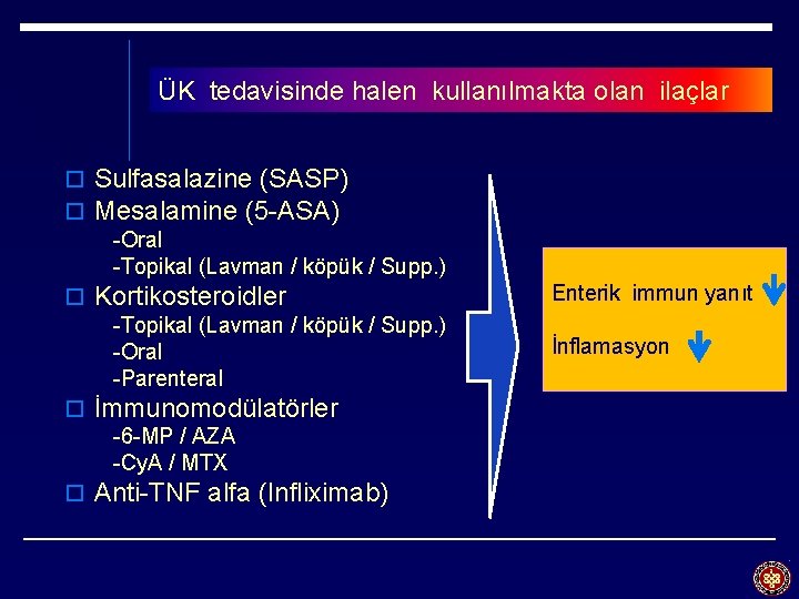 ÜK tedavisinde halen kullanılmakta olan ilaçlar o Sulfasalazine (SASP) o Mesalamine (5 -ASA) -Oral