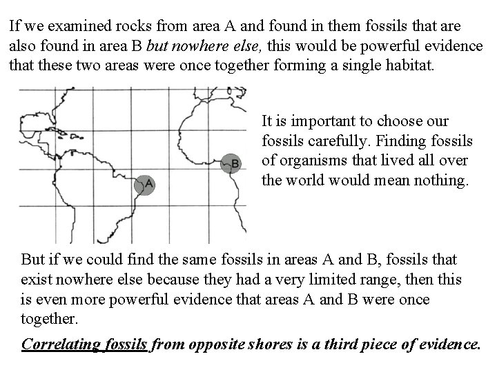 If we examined rocks from area A and found in them fossils that are