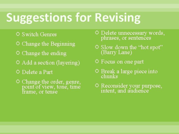Suggestions for Revising Switch Genres Change the Beginning Delete unnecessary words, phrases, or sentences