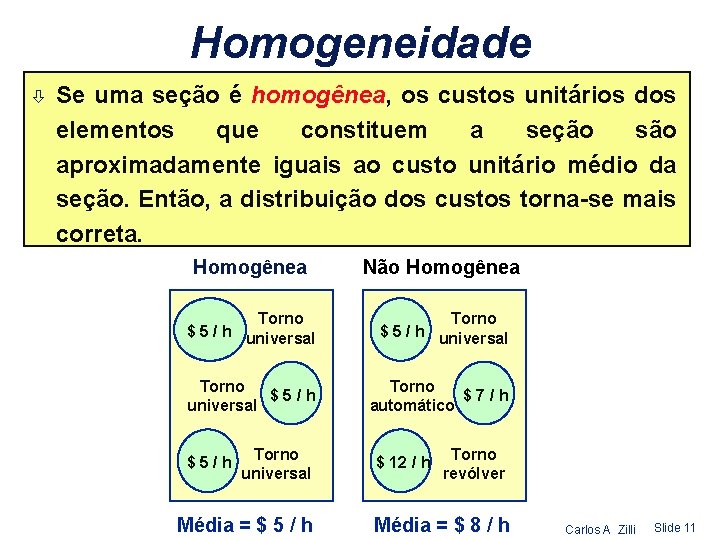 Homogeneidade ò Se uma seção é homogênea, os custos unitários dos elementos que constituem