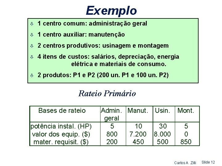 Exemplo ò 1 centro comum: administração geral ò 1 centro auxiliar: manutenção ò 2