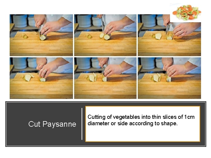 Cut Paysanne Cutting of vegetables into thin slices of 1 cm diameter or side
