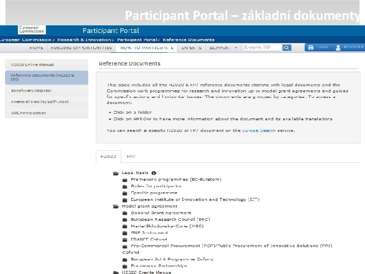 Participant Portal – základní dokumenty 