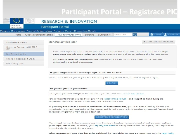Participant Portal – Registrace PIC 