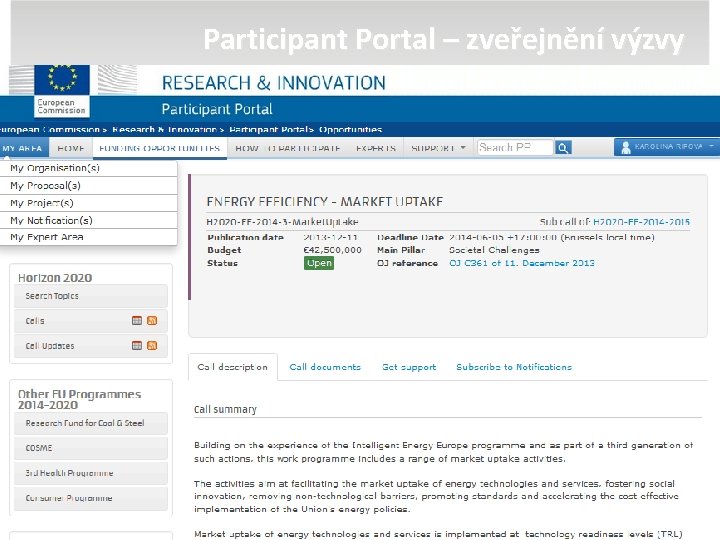 Participant Portal – zveřejnění výzvy 