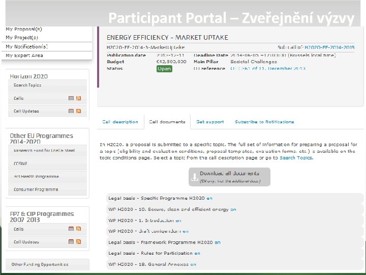 Participant Portal – Zveřejnění výzvy 