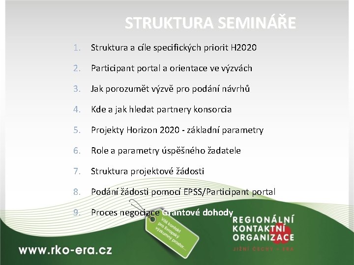 STRUKTURA SEMINÁŘE 1. Struktura a cíle specifických priorit H 2020 2. Participant portal a